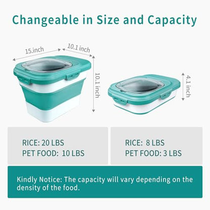 Komzon Rice Storage Container, Collapsible Airtight Food Storage Containers 6-20 Lbs, Rice Dispenser with Measuring Cup and Small Bin for Flour Cereal Pasta Grain, Cat Pet Dog Bird Food Container - size: 6-20 Lbs Green