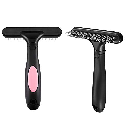 Pet Grooming Rake - Double Row Pins Shedding and Dematting Undercoat Rake Comb for Dogs, Cats, Matted, Short, Long Hair Coats - Safe Grooming & Deshedding Brush - Comb Out Mats & Tangles Easily