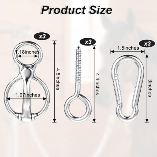 3Pcs Horse Tie Ring, Silver Carbon Steel with Eye Bolt & Swivel Snap Hook