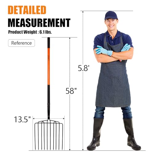 VNIMTI Pitch Fork Heavy Duty, 10-Tine Pitchfork with Fiberglass Handle, 58 Inch Garden Pitch Fork for Hay, Mulch, Compost, Farm and Gardening