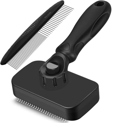 2PCS Self Cleaning Slicker Brush & Dog Comb - Skin Friendly Deshedding Grooming Tool for Dogs, Cats and Small Animals, Professional Deshedding Dematting Tool for Long and Short Haired Pets (Black) - color: Black