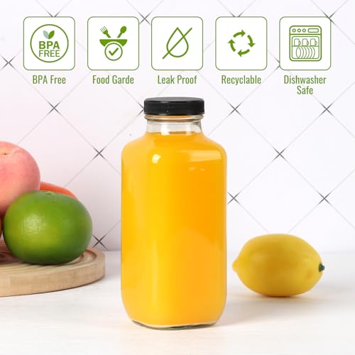 Glass Juice Bottles with Lids 16 oz - 6 Pack Reusable Drink Jars Containers with Labels and Brush for Juicing, Water, Milk, Kombucha, Smoothies - size: 16 Ounces