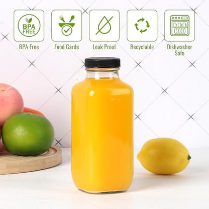 Glass Juice Bottles with Lids 16 oz - 6 Pack Reusable Drink Jars Containers with Labels and Brush for Juicing, Water, Milk, Kombucha, Smoothies - size: 16 Ounces