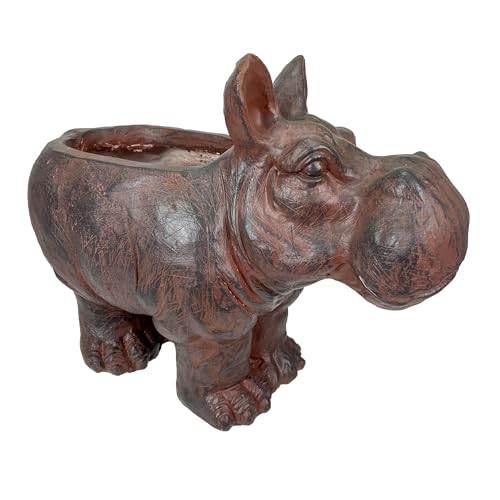 Zeckos Hippo Animal Planter, 17 Inch Wide Brown Textured Finish | Magnesium Oxide, 12.5 Inch Tall, Indoor or Outdoor Display, Drain Holes, 4 X 7.5 Inch Opening, 7.5 Inch Deep - color: Hippo - Brown