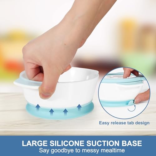 MR. CHOU Ceramic Baby Bowls with Suction Base, Infant Led Weaning Supplies with BPA Free Airtight Lid & Handles for Babies Self-feeding, 100% Food Grade Kid Bowls, Microwave & Dishwasher Safe, Blue - color: Blue-C