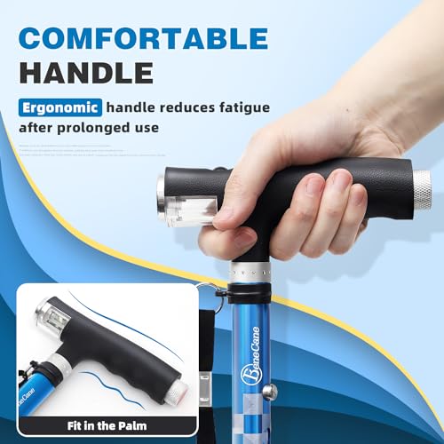 BeneCane Walking Cane for Women Folding Cane for Men with Two Led Lights Quad Cane with Stable Base Lightweight and Adjustable Walking Stick - color: Carved Blue