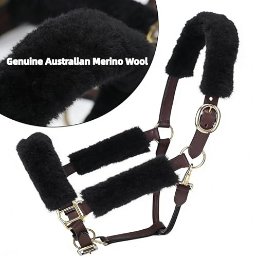 Genuine Wool Horse Halter Cover, 4 PCS Merino Sheepskin Horse Halter Set - color: Black