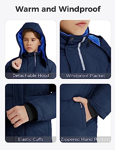 wantdo Boys Puffy Winter Coats Fleece-Lined Snow Jackets Removable Hood | Elastic Cuffs, Hook-and-Loop Collar, Windproof, Machine Washable - color: Navy, size: 8-9