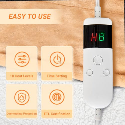 Electric Blanket Heated Twin, Soft Flannel 62"x84" Heating Blanket with 8 Hours Auto Off 10 Fast Heating Levels Machine Washable Sherpa Heated Blanket with Overheating Protection - color: Beige, size: Twin(62" x 84")
