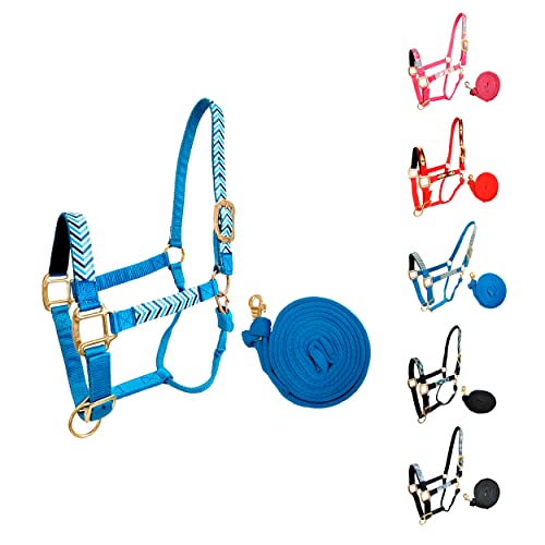 Patterned Nylon Adjustable Horse Halters with Padded Noseband and Matching 10’ Soft Grip Lead Rope with one Year Warranty - color: Blue Chevron and Hurricane Blue