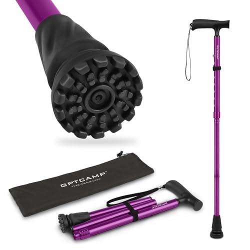 GPTCAMP Folding Walking Cane for Men & Women with T Handle | Adjustable Collapsible Design, Anti-Slip Pivot Tip, Ergonomic Handle, with Travel Bag, for Seniors & Adults - color: Purple