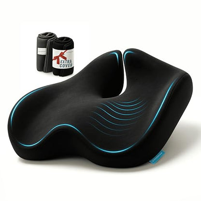 Pressure Relief Seat Cushion for Tailbone Pain, Sciatica & Coccyx Pillow | Extra Large Office Chair Cushion for Healthy Sitting Posture, Sciatica Pain Relief Pillow With Extra Cover (Black) - color: Black & Dark Gray