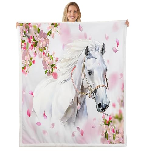 Feelyou White Horse Throw Blanket Girls Pink Floral Farmhorse Fleece Blanket Kids Adults Wild Animal Design Sherpa Blanket for Bed Sofa Chair Bedroom Decor Wildlife Plush BlanketThrow 50"x60" - color: Multi 6, size: Throw
