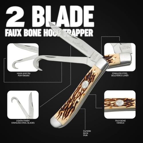 SZCO Supplies 3.75" Dual Blade Hoof Knife – Stainless Steel Hook and Clip-Point Blades, Durable Bone-Style Handle, Multi-Use Folding Utility Knife for Ranch, Barn, Camping, and Outdoor Knife