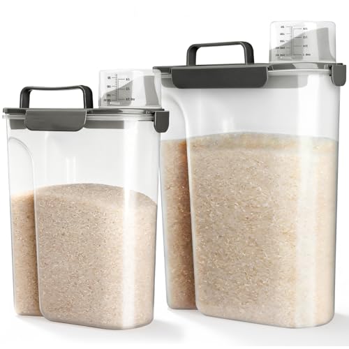 Viretec Rice Storage Container, 15 to 20lb Dry Food Airtight Dispenser, Pet Dog Cat Food Canister, BPA Free Clear Plastic Kitchen and Pantry Bin for Oatmeal, Cereal, Pasta, Flour Pack of 2 Grey - color: 10L+6L/Grey