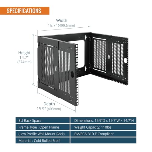 Tecmojo 8U Wall Mount Network Rack, 19" Open Frame Patch Panel Bracket with Adjustable Depth 9.7-15.9 in, Fits Shallow IT Equipments, 110 lbs Capacity, EIA-310 Compliant - size: 8U