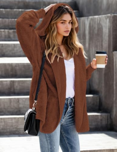 Zilcremo Women Hooded Cardigan Open Front Fuzzy Jacket - color: Caramel, size: Large