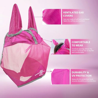 Harrison Howard UV-Proof Multi-Function Fabrics Thick Fleece Padding Horse Fly Mask Half Face with Ears Magenta Arabian Medium - color: magenta, size: Medium (Arabian)