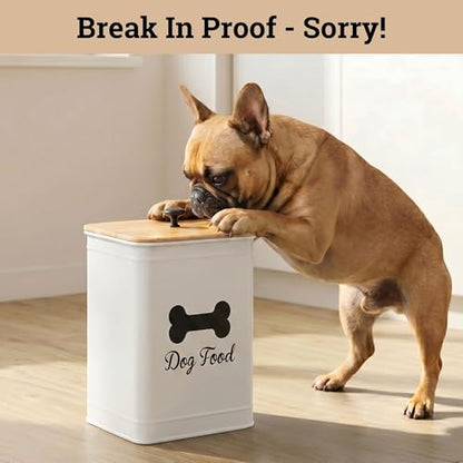 Metal Dog Food Container 5-7lb, 25 Cup w/ Airtight Bamboo Lid, Metal Handle - color: White: Bone