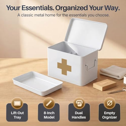 Flexzion Large Metal First Aid Box Empty, 8.5-Inch, White with Gold Cross - color: White - Gold Cross, size: 8.5 Inch without Latch Lock
