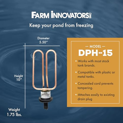 Farm Innovators DPH-15 Outdoor Water Tank Heaters Livestock Stock Tank Drain Plug Water De-Icer Designed for Rubbermaid Tanks, Brown - size: Single