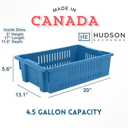 Hudson Exchange 20 x 13 x 5.6" (4 Pack, 4.5 Gallon) Agricultural Nest and Stack Vented Crate Handled Storage Container Tote, Blue - color: Blue