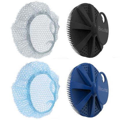 Silicone Body Scrubber and Scrub Net Set, BEAUTAIL 4 Pack for Rich Lather | Gentle Silicone Shower Brush or Firmer Exfoliating Bath Net, Deep Cleansing & Exfoliation, 2 Brushes + 2 Nets for Men & Women - color: Scrubber-black+blue+net-gray+blue 4 Pcs