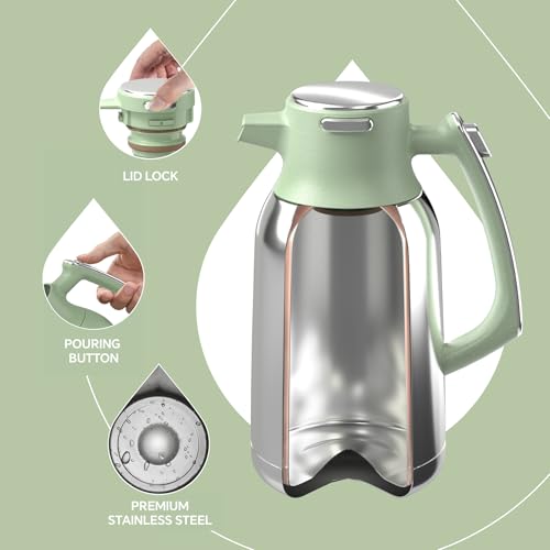 IDEUS Thermal Coffee Carafe 68oz, Beverage Dispenser Avocado | Stainless Steel Double Wall Vacuum Insulation Creamer Pitcher Water Jug Coffee Server, Coffee Carafe for Keeping Hot and Cold - color: Avocado, size: 68 Ounces