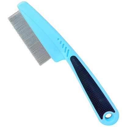 Bestac Pet Grooming Stainless Steel Flea Lice Comb Tear Stain Remover & Dematting Tool Rounded Teeth for Small, Medium, Large Dogs & Cats (Blue)