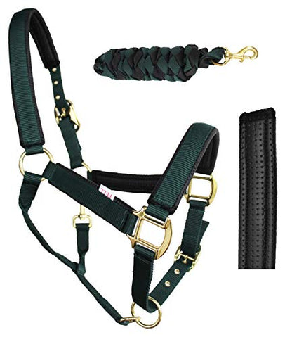 Nylon Horse Neoprene Padded Halter Brass Hardware Horse Tack Equine 606173 - color: Hunter Green