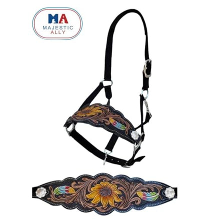 Majestic Ally Equestrian Designer Bronc Halter for Horses, Hand-Tooled Leather Nose, Padded Nylon Crown and Noseband - style: Yellow Sunflower