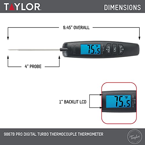 Taylor Digital Turbo Instant Read Thermocouple Meat Food Grill BBQ Cooking Kitchen Thermometer, Folding Probe, Black (Pack of 12) - color: Black, size: 1 EA (Pack of 12)