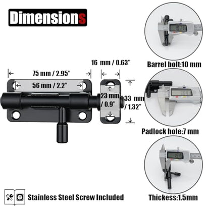 JQK Door Security Slide Latch Lock Barrel Bolt, 304 Stainless Steel Sliding Gate Latches Thickened 1.4mm with Padlock Hole, Black, 2 Pack HBB120-BK-P2 - color: Black, size: 2 Pack