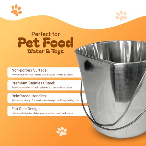 1 Quart Heavy Duty Stainless Steel Flat Side Bucket | Durable Food & Water Pail for Dogs, Cats, Kennels, Cages and Critter Crates | Multi-Purpose Bucket - size: 1 Quart - Not Hooked