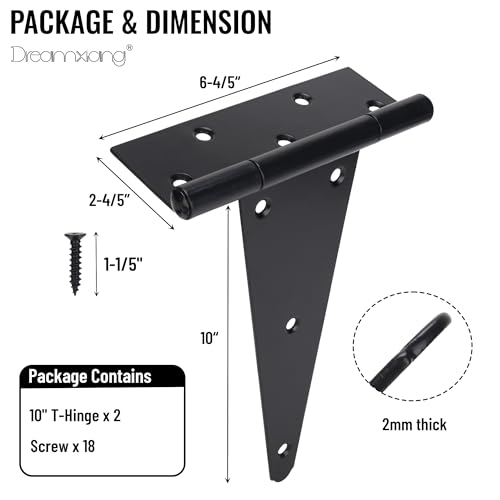 10 Inch T-Strap Gate Hinges, Heavy Duty Shed Barn Door Hinges, Black Tee Hinges for Wooden Fence, Yard Gate, Wrought Hardware Iron Rustproof (2 Pack) - size: 10 Inch