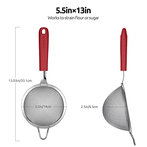 18/8 Stainless Steel Mesh Strainer: U-Taste 5.5 Inch Kitchen Fine Mesh Sieve Food Colander with Riveted Sturdy Silicone Handle and 30 Mesh Hole for Straining Flour, Pasta, Fruit, Quinoa (Red) - color: (4) Red, size: Medium (5.5 x 13 in)