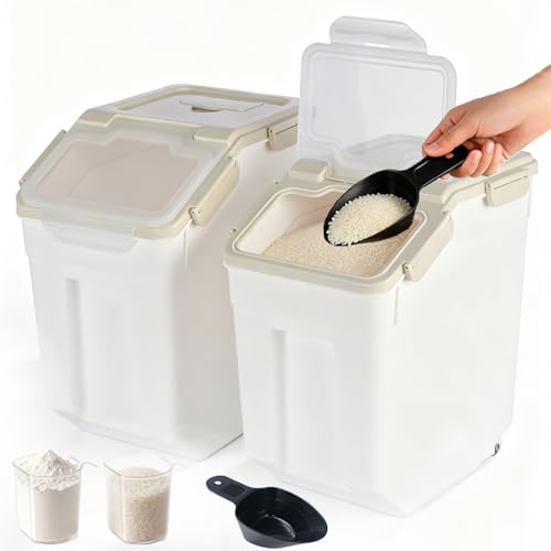 RUIAN 2Pcs Large Flour Storage Container Bin 25Lb Airtight Rice Storage Containers with Wheels Seal Locking Lid, BPA Free with Measuring Cup&Scoop for Flour, Rice, Grain (Gray) - color: Gray 2Pack 25Lb