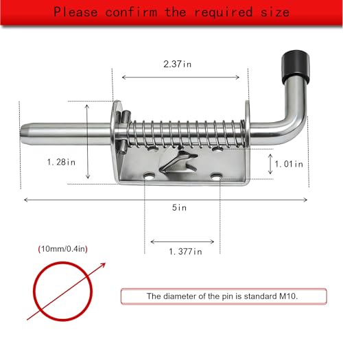 2PCS Spring Loaded Latch pin,Spring gate Latch with Screws [ 2mm (0.08in) Thick, pin Diameter 10mm(0.4in), Length 12.7mm(5in) ],Barrel Bolt latches,Door pin Lock ,Trailer ramp latches - size: 2*Alloy-M10*5in-silver