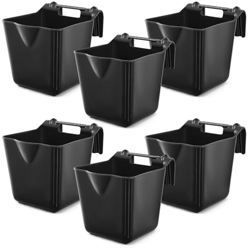 6 Pcs 15 Quart Plastic Hook Over Horse Feed Bucket for Stall Fence, Black - color: Black