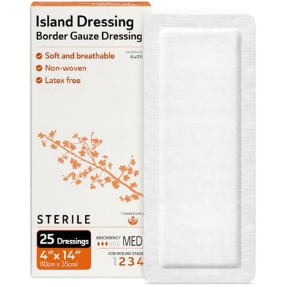 Bordered Gauze Island Dressing 4x14-25 Adhesive Island Dressings for Wound Protection - Good for Hospitals, Medical Facilities, First Aid Kits, and More - style: 4x14