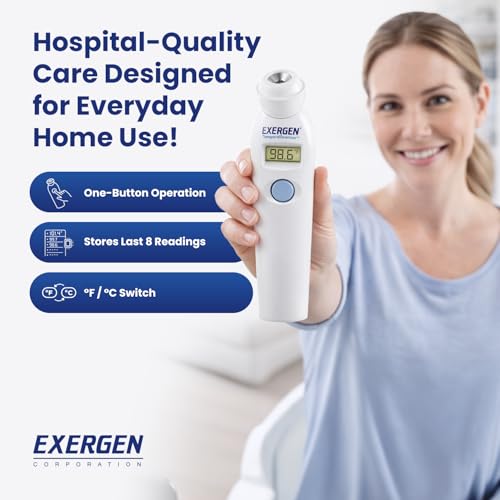 Exergen TAT-2000C+ Temporal Artery Thermometer, White, 9V Included | Thermometer For Adults, Kids, & Newborns | Soft Glow LCD, Silent Mode, 8 Memory Readings