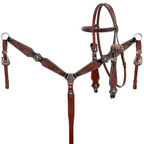 Showman Tooled Leather Headstall & Breast Collar Set w/Brushed Copper Accents, Average Full Size Horse