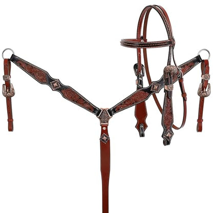 Showman Tooled Leather Headstall & Breast Collar Set w/Brushed Copper Accents, Average Full Size Horse
