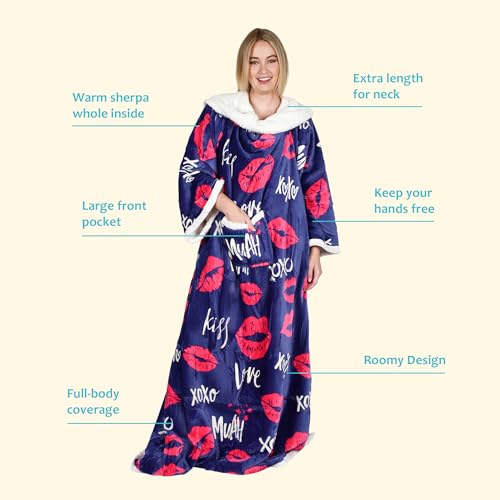 Catalonia Sherpa Wearable Blanket with Sleeves and Pocket for Adults - color: Kiss Dark Blue, size: Standard Pocket