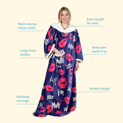 Catalonia Sherpa Wearable Blanket with Sleeves and Pocket for Adults - color: Kiss Dark Blue, size: Standard Pocket