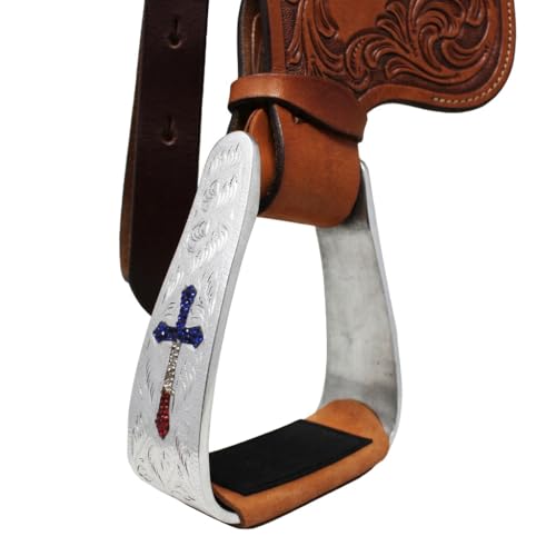 CHALLENGER Horse Saddle Stirrup Pair Western Aluminium Cross Engraved Saddle Rhinestones 51207V