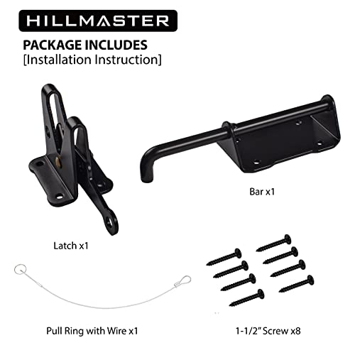 HILLMASTER Heavy Duty Automatic Gate Latch for Wooden Fence with Cable Pull, 7.5" Self Locking Gravity Gate Door Latches Security Latch for Outdoor Garden, Pool, Metal Gates, Vinyl Fence, Black Finish