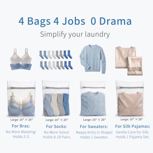 Muchfun 4Pcs Durable Fine Mesh Laundry Bags for Delicates 16 x 20 Inches | (4 Large) - size: 4 Large