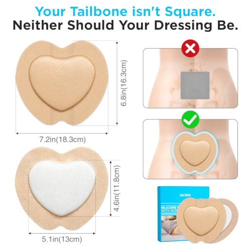 OK TAPE Sacral Silicone Foam Dressing with Border, 7.2 x 6.8 Inch, 10 Pack | Bed Sores on Buttocks, Pressure Sore Prevention, Gentle Adhesive, Water-Resistant - size: Sacral 7.2" x 6.8" – 10 Count