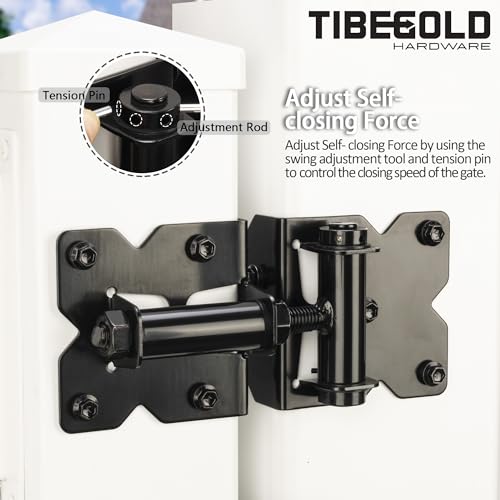 Self Closing Gate Hinges, Heavy Duty Hardware for Outdoor Vinyl/Woodn Fence Gates, 90 Degree Adjustable Gate Hinges Kit, Black Self Closing Hardware with Screw Kits and Swing Adjuster Tool, 2 Pack